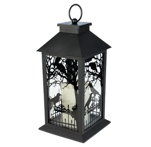 Lanterne en métal d'Halloween, porte-bougie sans flamme noir avec motif sorcière, chauve-souris et cimetière pour la décoration de la maison - Product Image 4