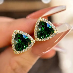 New Design 925 Moissanite Diamond <b>Stud</b> <b>Earrings</b> 4 Prong Setting 2.0 Carat Trillion Cut <b>Emerald</b> Green Sterling Silver Yellow Gold - Product Image 1