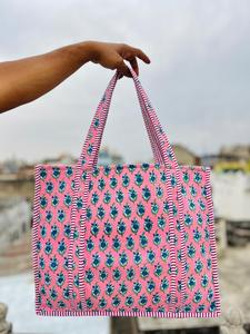 Oversized Large Quilted Weekend Tote <b>Bag</b> - Cotton Block Printed <b>Overnight</b> <b>Bag</b> Grocery Shopping Travel Handmade <b>Bags</b> For Women - Product Image 2