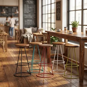Taburete de Bar Moderno Escandinavo con Asiento de Madera y Estructura Metálica Blanca, Taburete de Barra Resistente - Product Image 2