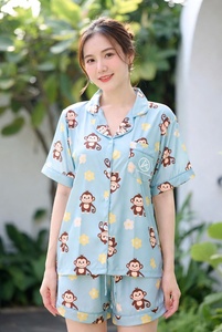 Womens monkey print pajama top short sleeve button up in soft studio <b>lighting</b> for sleepwear - Product Image 3