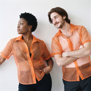 Chemise unisexe transparente orange à manches courtes, col rabattu, boutonnée sur le devant, décontractée, pour le printemps et l'été - Product Image 4