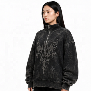 Sudadera Oversize de Felpa/Algodón con Lavado Ácido, Cuello Alto Simulado, Hombros Caídos, Color Negro, Premium, Estilo Urbano de Invierno, Muy Solicitada - Product Image 4