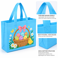 Panier de Pâques bleu ciel avec œufs, poussins, marguerites et nœuds imprimés, sacs cadeaux en tissu non tissé écologiques, recyclables, réutilisables, avec logo personnalisé