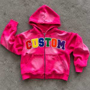 Ensembles deux pièces en molleton lavé pour hommes, brodés, rose, effet couleur personnalisée, effet vieilli, avec sweat à capuche zippé 100% et survêtements pour femmes, vente en gros - Product Image 4