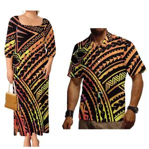 Robe à volants élégante et confortable pour femme avec imprimé tribal polynésien personnalisé, assortie à des chemises Aloha bleu clair pour homme, ensemble polynésien pour couple - Product Image 2