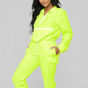 Ensemble de survêtement 2 pièces vert néon pour femme, manches longues, coupe classique, style décontracté, respirant, séchage rapide, imperméable, spandex/coton - Product Image 1