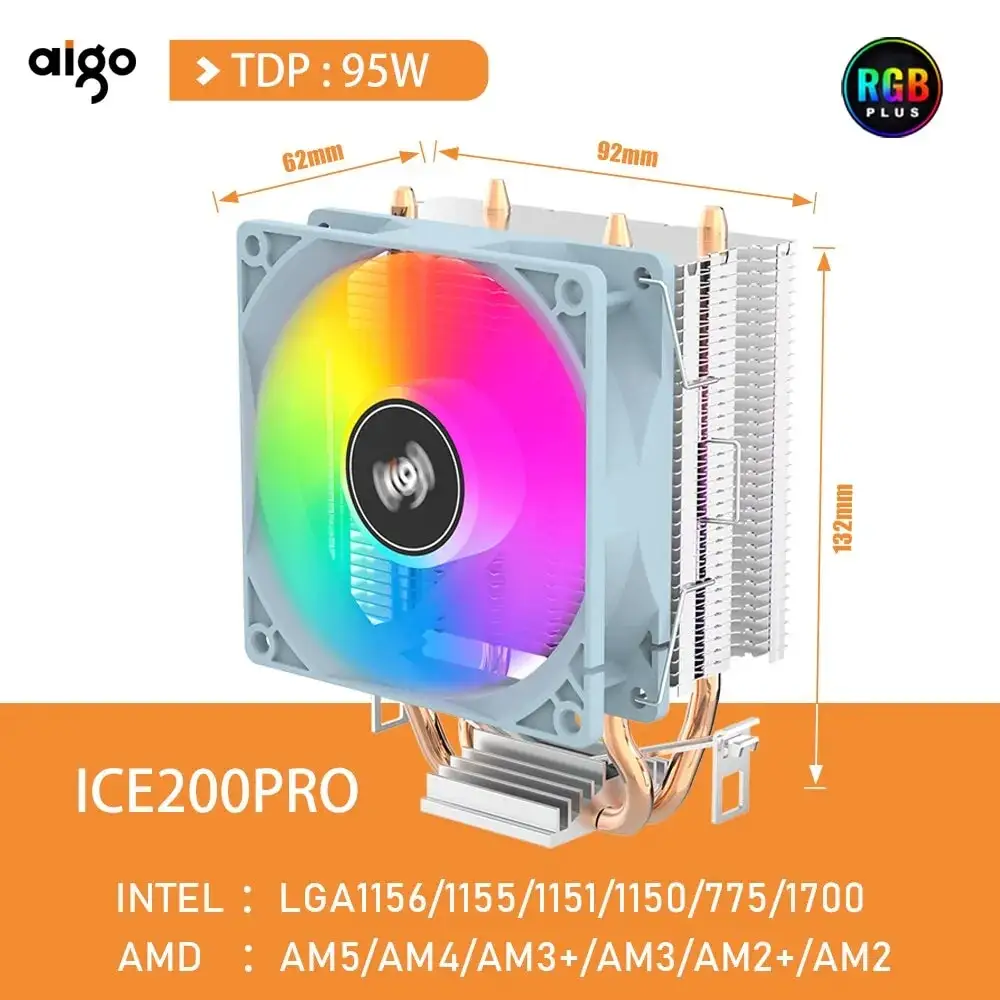 Кулер для воздушного процессора Aigo ICE200PRO с 2 тепловыми трубками, охлаждающий 3PIN, вентилятор PWM, тихий вентилятор для Intel 115X 1200 1700 AM4 AM5 AMD