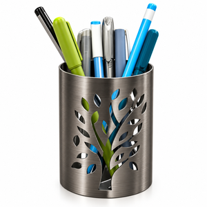 Porte-stylo en métal argenté, motif feuille d'arbre ajouré, organiseur de crayons, rangement de bureau moderne - Product Image 1