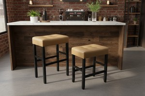 Ensemble de 2 tabourets de bar et de comptoir en cuir PU, ensemble de tabourets capitonnés en cuir PU, ensemble de tabourets rembourrés en PU avec structure en bois massif, hauteur bar et comptoir - Product Image 2