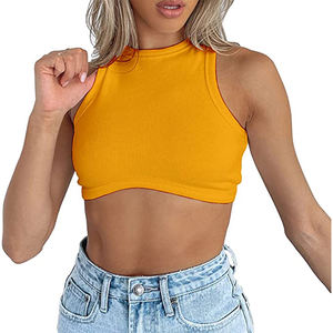 Top corto elástico de canalé para mujer, cuello alto, sin mangas, camiseta básica de verano - Product Image 5