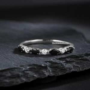 Marquise cut Moissanite wedding band Unique Black Onyx Half eternity <b>ring</b> Yellow Sterling <b>Silver</b> wedding band <b>stacking</b> matching - Product Image 4