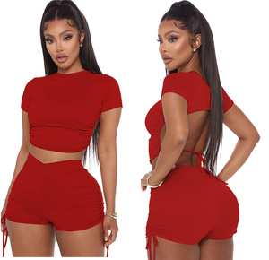 Custom Logo Women's Summer Eco-Friendly Nylon 2-Piece Casual Sport <b>Set</b> with Skinny Fit Short Sleeve Top & Above Knee Shorts - Product Image 6
