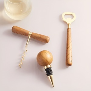 Tire-bouchon moderne en acier inoxydable avec manche en bois, ensemble de bouchons de bouteille, design rond, accessoire de cuisine et de bar - Product Image 1