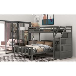 Letto a soppalco grigio con letto singolo sopra e letto matrimoniale, con scala, mobili per bambini - Product Image 6