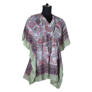 Kaftan en coton imprimé à la main, Abaya indienne faite à la main, Kaftan KFCS165, design maxi, manches courtes, taille XL, style Dubai Fashion - Product Image 2