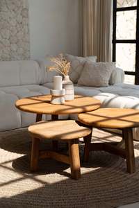 Elegant Durable Convertible Wooden Kenzo Coffee <b>Table</b> Trio Selected Solid Natural Wood Functional Nesting <b>Table</b> Set Compact - Product Image 3