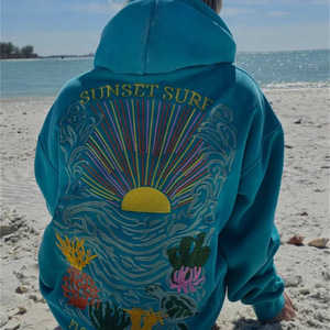 Sweat à capuche brodé Sunset Surf On The Sea, sweat à capuche décontracté en coton pour femme - Product Image 2