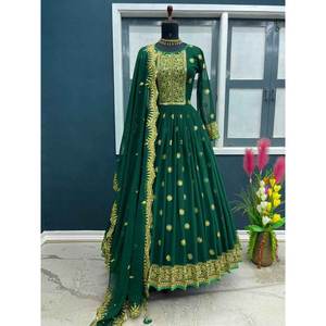 GEORGETTE DE DISEÑADOR CON BORDADO SECUENCIA BATA DE TRABAJO FONDO SIN COSTURA CON DUPATTA VERDE - Product Image 1