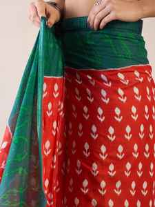 Sari en soie à séchage rapide avec imprimé dessiné à la main orange et vert, bordure contrastante, tenue ethnique indienne traditionnelle pour femme, décontractée, mariage, bal de promo - Product Image 5
