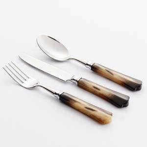 Ensemble de couverts en acier inoxydable avec manche en corne naturelle, ustensiles de cuisine, vaisselle, cuillère, fourchette, couteau, kit d'ustensiles - Product Image 1