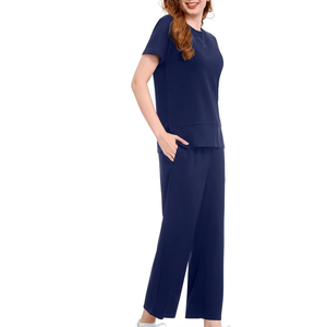 Conjunto Deportivo Casual Azul Marino para Mujer, Manga Corta, Cuello Redondo, Corte Holgado, Pantalones hasta el Tobillo, Bolsillos Laterales, Ropa de Verano - Product Image 3