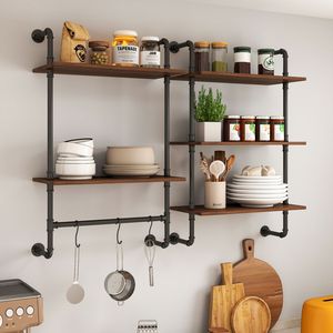 Étagères murales en bois industrielles de 36 pouces, 3 niveaux, 2 niveaux, avec 3 crochets supplémentaires, style ferme, pour cuisine - Product Image 2