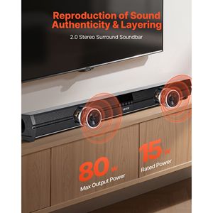 Barra de Sonido Inteligente de 2.0 Canales y 32 Pulgadas, Compacta, con Bluetooth, AUX, para Proyectores, Altavoces, Sistema de Sonido Envolvente de 80W, Fácil Configuración, Control Remoto - Product Image 2