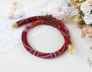 สร้อยคอถักลูกปัดสีแดงทอง ประดับด้วยลูกปัดชุบโรเดียม สร้อยคอเชือกแบบโชคเกอร์ เครื่องประดับสำหรับผู้หญิง ของขวัญวันเกิด - Product Image 4