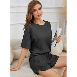 Conjunto de Top y Shorts de Punto Waffle Casual para Mujer, Atuendo de Moda de Verano - Product Image 3