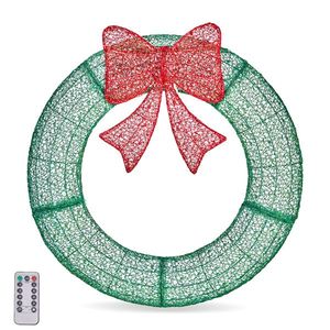 36in Pre-Lit Outdoor Christmas Wreath <b>with</b> Red Bow Lighted Metal Decorative Wreath Remote Control LED <b>Lights</b> <b>Timer</b> - Product Image 1