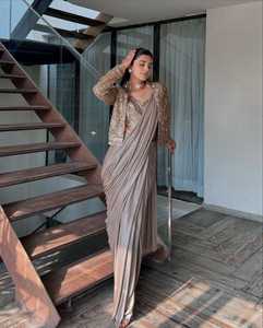 Traditional Wedding Party Wear Women's Chinon Silk Zari and Heavy Thread Embroidery Work <b>Jacket</b> & Lehenga <b>Saree</b> <b>With</b> Blouse Set - Product Image 3