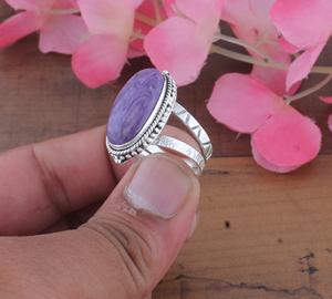 Bague Femme Style Bohème Antique en Argent Massif 925 avec Pierre d'Améthyste, Sertissage Clos, Bordure Texturée en Corde Détaillée, Cabochon Ovale, Bijou Tendance - Product Image 2