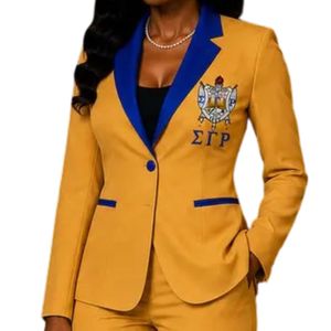 ชุดสูทสีทอง Sigma Gamma Rho สำหรับผู้หญิง เสื้อเบลเซอร์ กางเกงขายาวทรงกว้าง ชุดพิธีการสำหรับชมรมหญิงชาวกรีก สไตล์หรูหรา แฟชั่นระดับพรีเมียม - Product Image 2