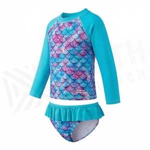 Girls Mermaid Scale Print 2 Piece Swim <b>Set</b> With Ruffles And Long Sleeve Top Anti-Uv Protection - Product Image 3