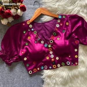 Festival wear <b>Satin</b> Silk with Multi-Thread & Mirror work & Padded & Puff-Sleeve & V-Neck <b>Blouse</b> Collection Wholesale Supply - Product Image 1