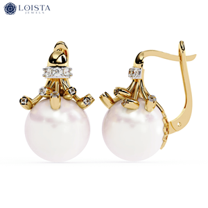 Boucles d'oreilles en perles LOISTA avec diamants naturels de taille brillante ronde, bijoux de mariage classiques pour femmes en or 14 carats - Product Image 1