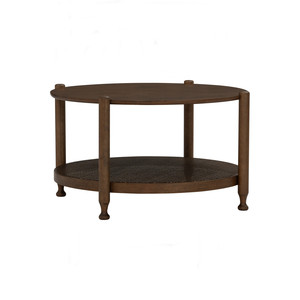 Table basse ronde moderne en chêne malaisien avec plateau solide et étagère en rotin synthétique – Mobilier de salon contemporain, durable et léger - Product Image 3