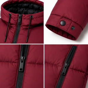 Veste matelassée à capuche couleur personnalisée, en polyester lisse, avec larges empiècements matelassés, fermetures éclair noires, manteau d'hiver premium style streetwear - Product Image 4