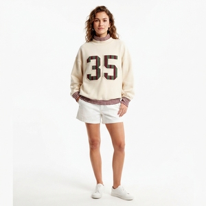 Sweat-shirt oversize crème pour femme avec appliqué numéro 35 à carreaux, col rond, manches longues, tenue décontractée d'automne - Product Image 1