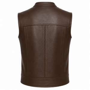 Men's <b>Brown</b> Genuine Leather Motorcycle <b>Vest</b> – Sleeveless Biker <b>Vest</b> with Stand Collar & Zip Closure - Product Image 5