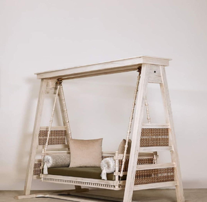 Elegant dark wood swing featuring a protective canopy roof and striped upholstery <b>cushions</b>, available at wholesale prices. - Product Image 5