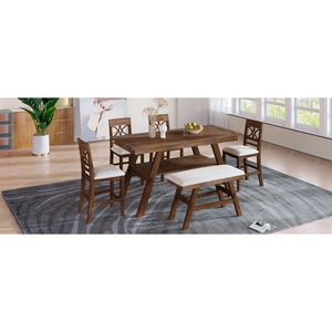 Topmax 6-Piece gỗ truy cập Chiều cao bàn ăn thiết lập lưu trữ Kệ nhà bếp bảng 4 phong cách mộc mạc quả óc chó + màu be đệm ghế cũ - Product Image 1