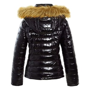 Chaqueta Acolchada Negra para Mujer con Capucha con Ribete de Piel, Cierre de Cremallera, Manga Larga, Abrigo Cálido de Invierno, Largo Regular - Product Image 4