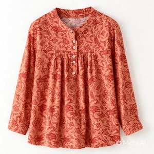 Blusa de Algodón Tejido con Estampado Floral para Mujer, Estilo Veraniego, Manga Larga, Cuello Mandarín, Botones, Estilo Boho, Holgada e Informal - Product Image 5