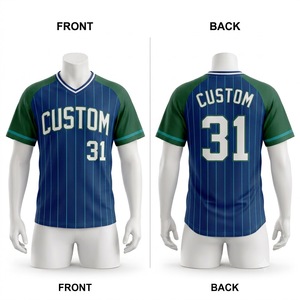 Camiseta de Béisbol Personalizada para Hombre, Azul y Verde a Rayas, Cuello en V, Manga Corta, Sublimada, Transpirable, Corte Regular, Ropa Deportiva para Adultos - Product Image 1