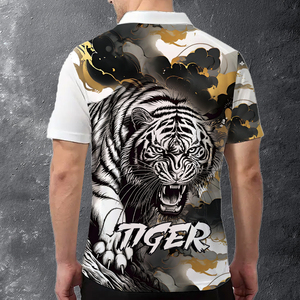 Camiseta Polo Personalizada con Gráfico 3D de Tigre para Hombre, Sublimación con Estampado Completo, Cierre de 1/4, Estilo Urbano Hipster, Color Blanco, Negro y Dorado - Product Image 2