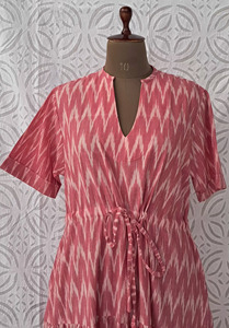 Vestido Largo de Tela de Algodón Ikat Tejido a Mano al por Mayor con Cintura Ajustable, Vestido de Manga Corta, Ropa Casual para Mujer - Product Image 3