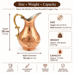 Carafe à eau en cuivre de style ottoman gravée à la main avec poignée en laiton, calligraphie traditionnelle, vaisselle en cuivre - Product Image 5