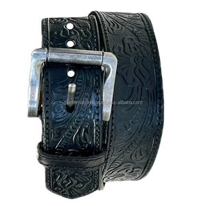 Premium Floral <b>Tooled</b> Design Custom Made Black Western Leather <b>Tooling</b> <b>Belt</b> for Men and Women - Product Image 5